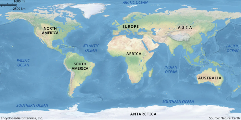 All continents in one map, location place